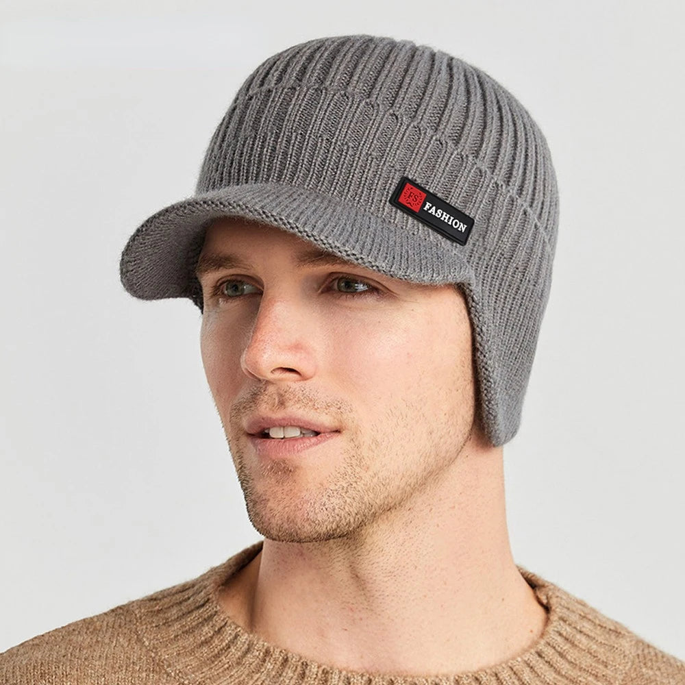 New Winter Men's Hat โ Outdoor Ear Protection Warm Knitted Cap with Windproof Visor, Thick Bicycle Scarf Cap for Men